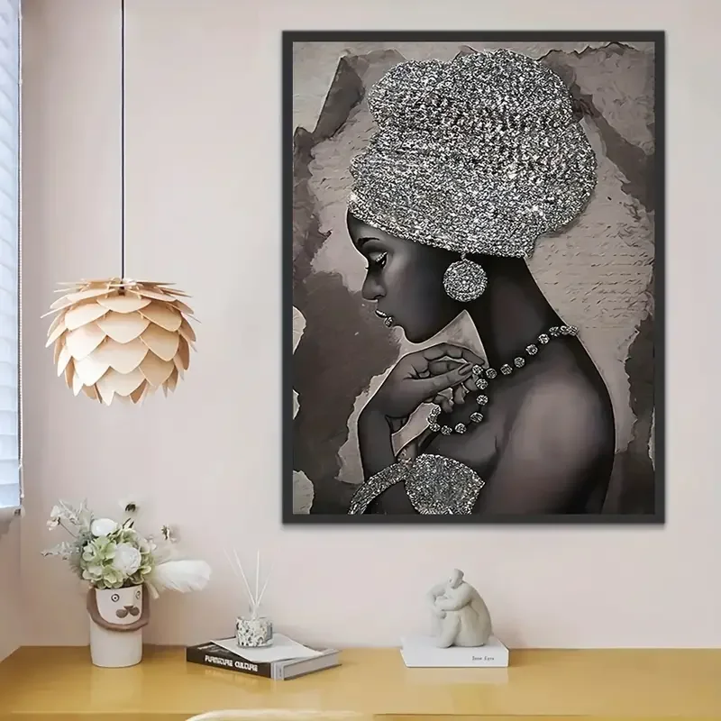 1pc Abstract Canvas Paintings  Silvery Glitter Embroidered African Woman Painting On Canvas Wall Art  Home Wall Decor  Unframed