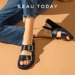 BeauToday-Sandalias informales de piel auténtica para mujer, zapatos deportivos de tacón bajo con correa de hebilla en el tobillo, hechos a mano, para verano y playa, 38128