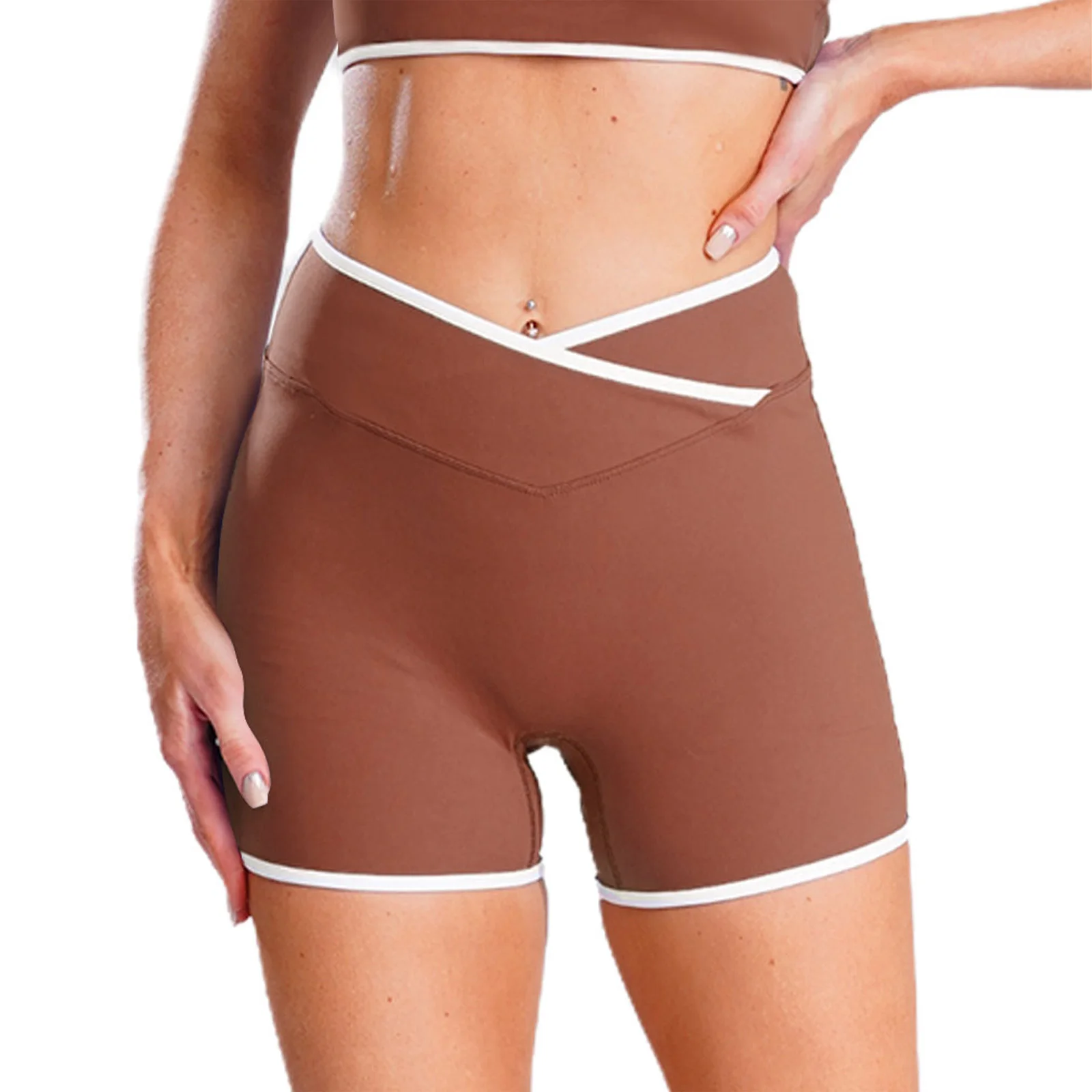 

Women Workout Compression Sport Shorts V Cut Front Waist Contrasting Lines Butt Lifting Active Wear for Jogging Gymnastics Yoga