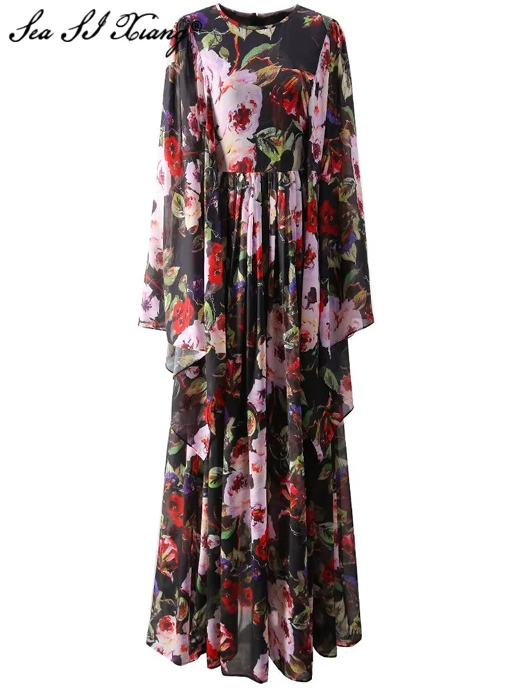 

Seasixiang Fashion Designer Spring Maxi Party Dress Women O-Neck Flare Sleeve Floral Print Bohemian Floor-Length Dresses