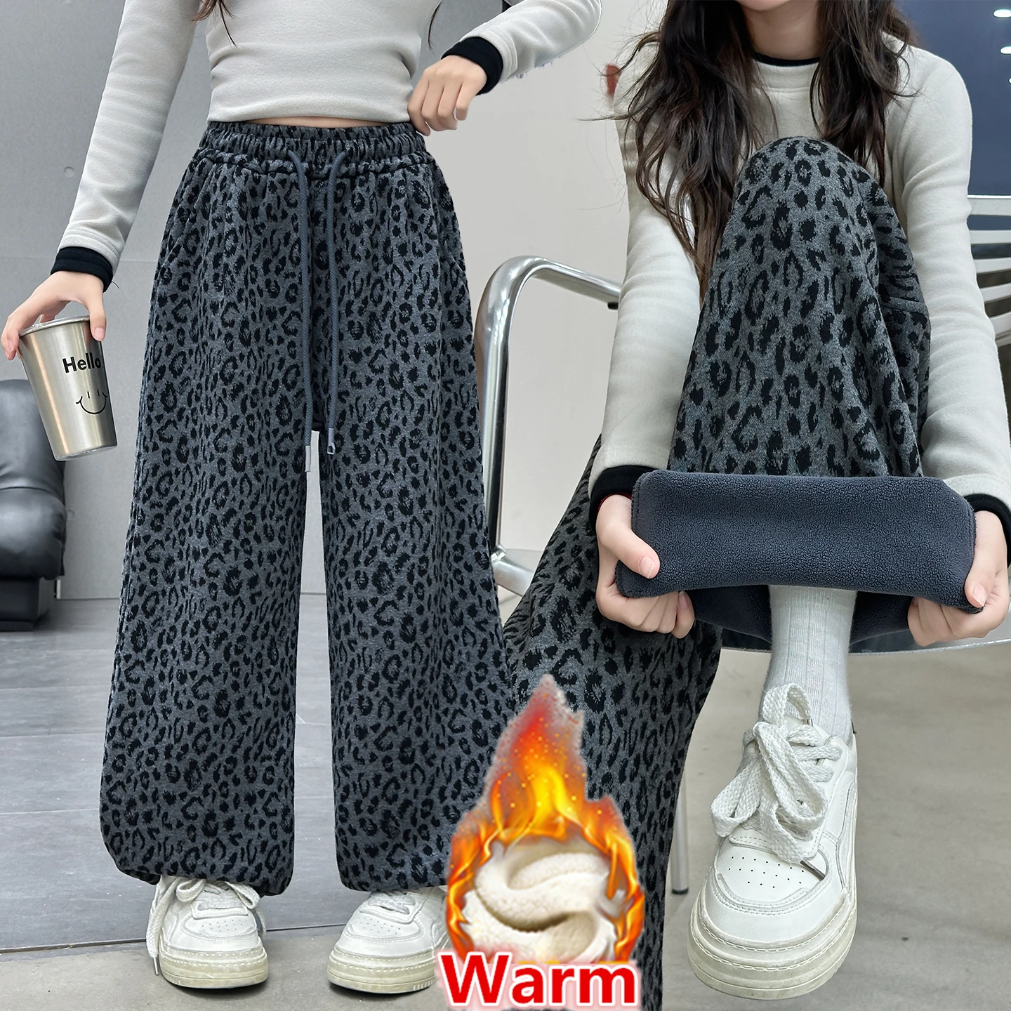 Fashion Children Winter Grey Leopard Print Casual Pants For Girls New Style Trousers with Fleece Lined Trend Warm Sweatpants