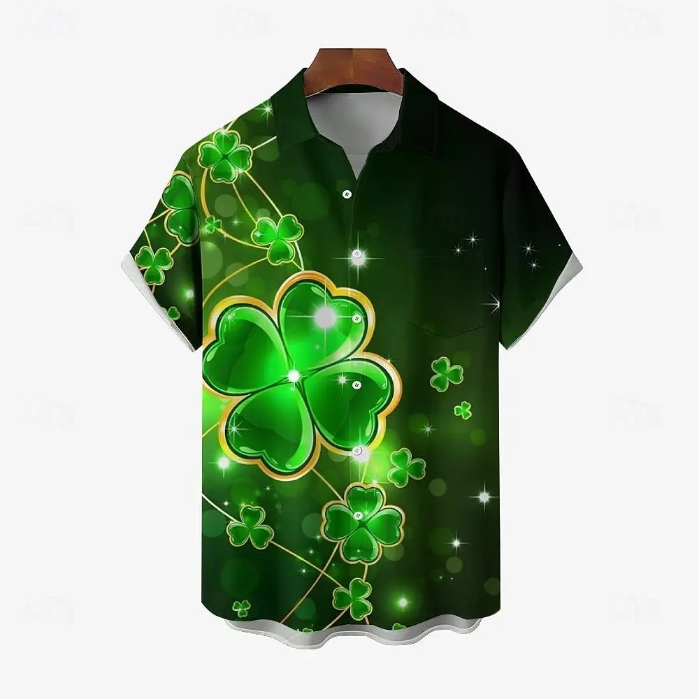 St.Patrick’s Day Mens Short Sleeve Shirt 3D Printed Men Clothing Summer Casual Green Lucky Clover Festival Unisex Clothes Tops