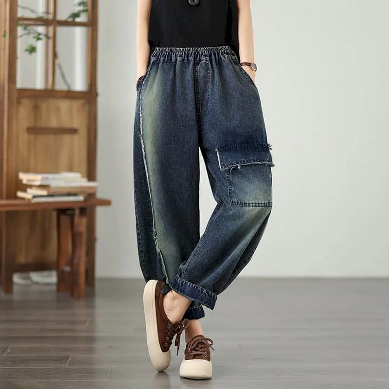 Baggy Jeans Female Fashion Distressed Casual Loose Artistic Harem Pants Retro Patchwork Elastic Waist Streetwear Women Clothing