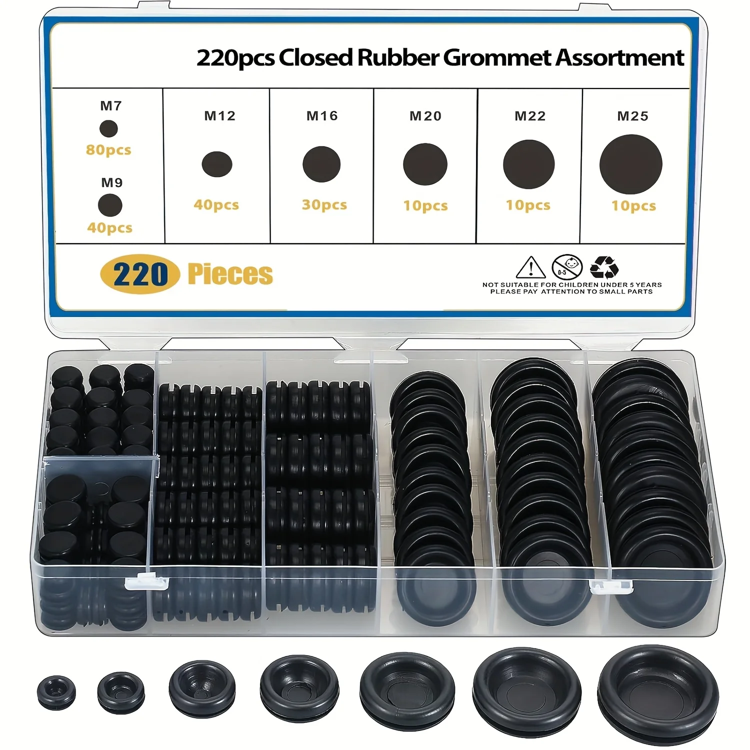 Image of 220-teilige Hohlgummitüllen-Firewall-Lochstopfen-Kombination, Gummitüllen-Set M7, 9, 12, 16, 20, 22, 25