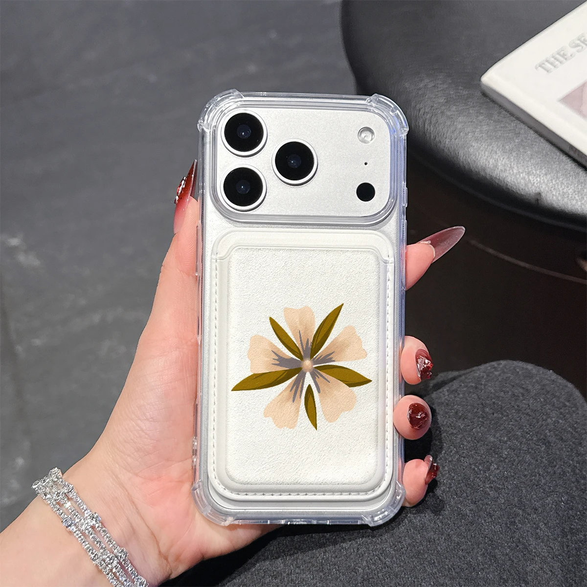 Einzelne neutrale Blumen-Handyhülle für iPhone 17 16 15 14 Pro Max Plus mit Brieftaschenfach, transparent, weiches TPU für magnetische Handyhülle