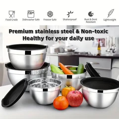 Blandningsskålar med lock, set om 5, rostfria svarta blandningsskålar, metallskålar med förslutningsbara lock 10 best sales skål i rostfritt stål med lock - №9
