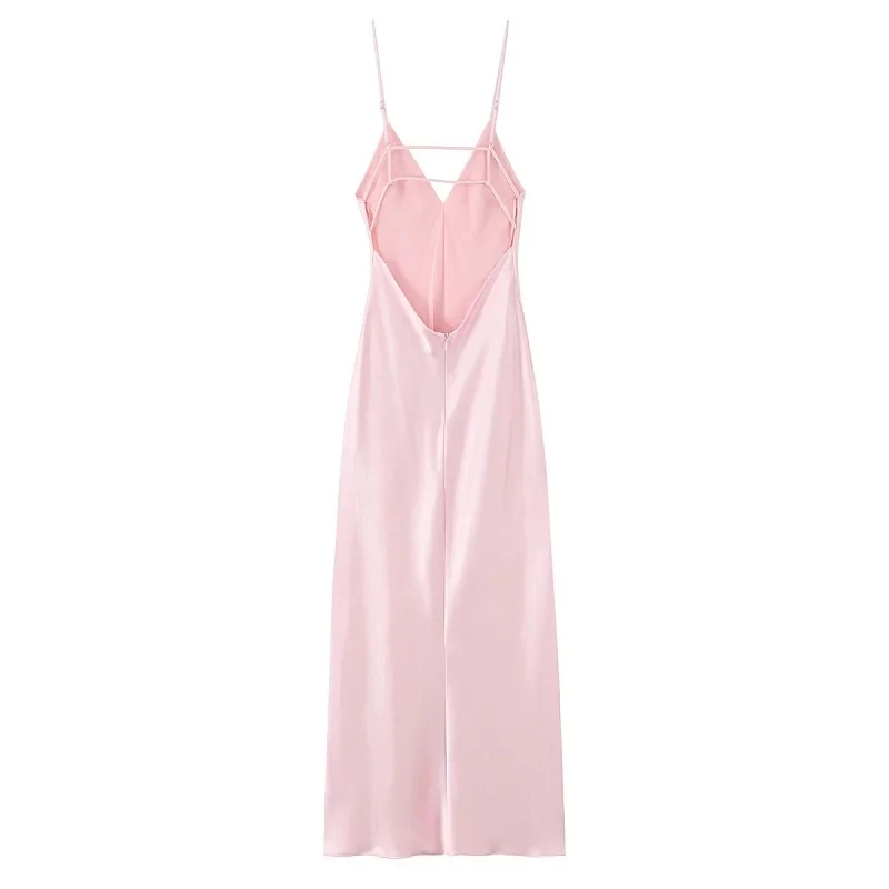 MUJER rose Satin robe à bretelles femmes jaune robe d'été femme 2025 Sexy dos nu longues robes pour femmes bretelles fête robes mi-longues