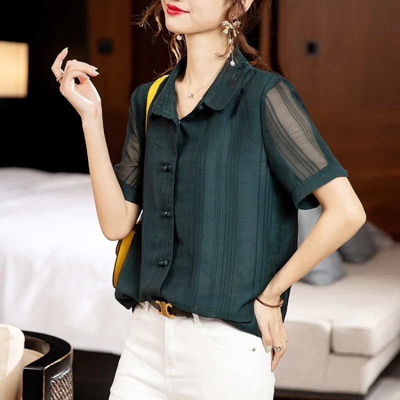 Women\'s Summer Turn-down Collar Button Solid Short Sleeve Chiffon Gauze Cardigan Shirt Casual Elegant Vacation Fashion Tops