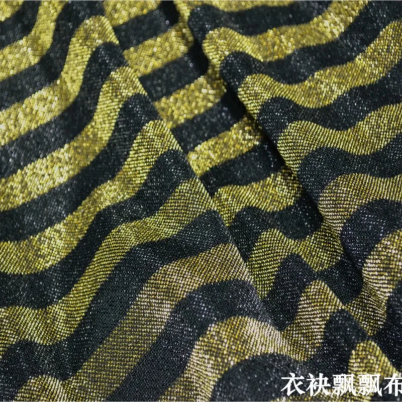 

Fashionable gold and black interlaced bright silk knitted elastic horizontal striped fashion fabric top dress