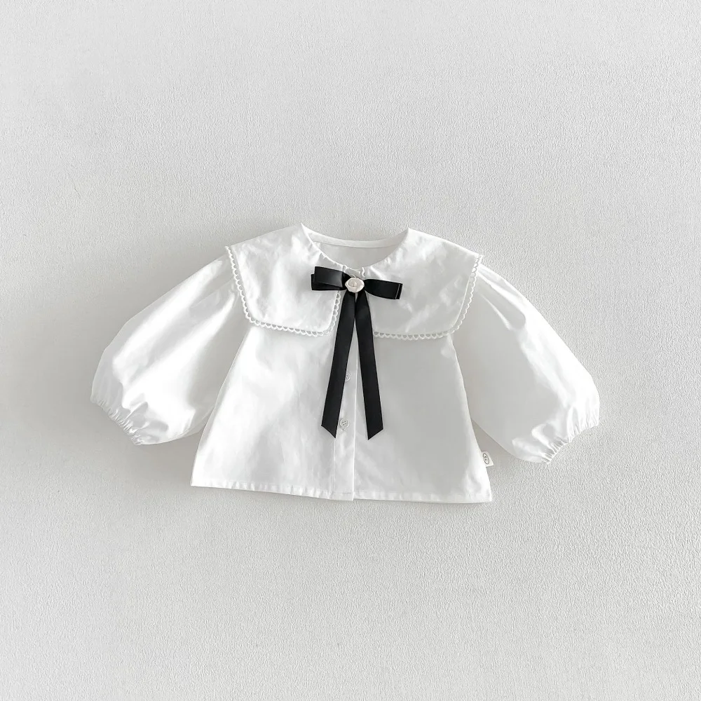 2026 Autumn Children Girl Clothes 1-6Years Toddler Kids Long Sleeve White Blouse Tops Print A-line Bow Dress 2PCS Separate Suit