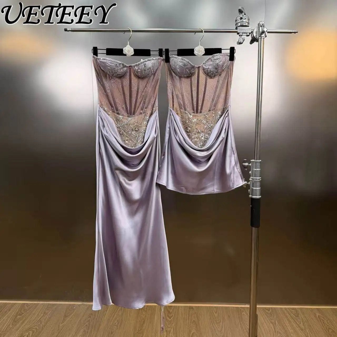 

Длинное фиолетовое платье без бретелек с французским кружевом, бисером и пайетками, с тюлевой отделкой и корсетом-фигурообразователем, для банкета и вечеринки, весна 2026