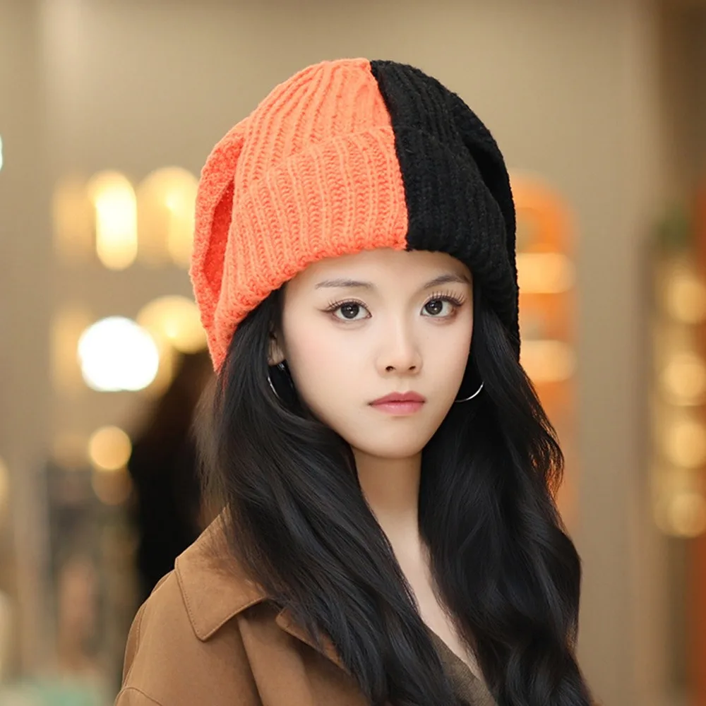 

Casual Cartoon Knitted Woolen Cap Contrast Color Windproof Rabbit Ear Hat Thickened Keep Warm Winter Beanies Cap Outdoor Cycling