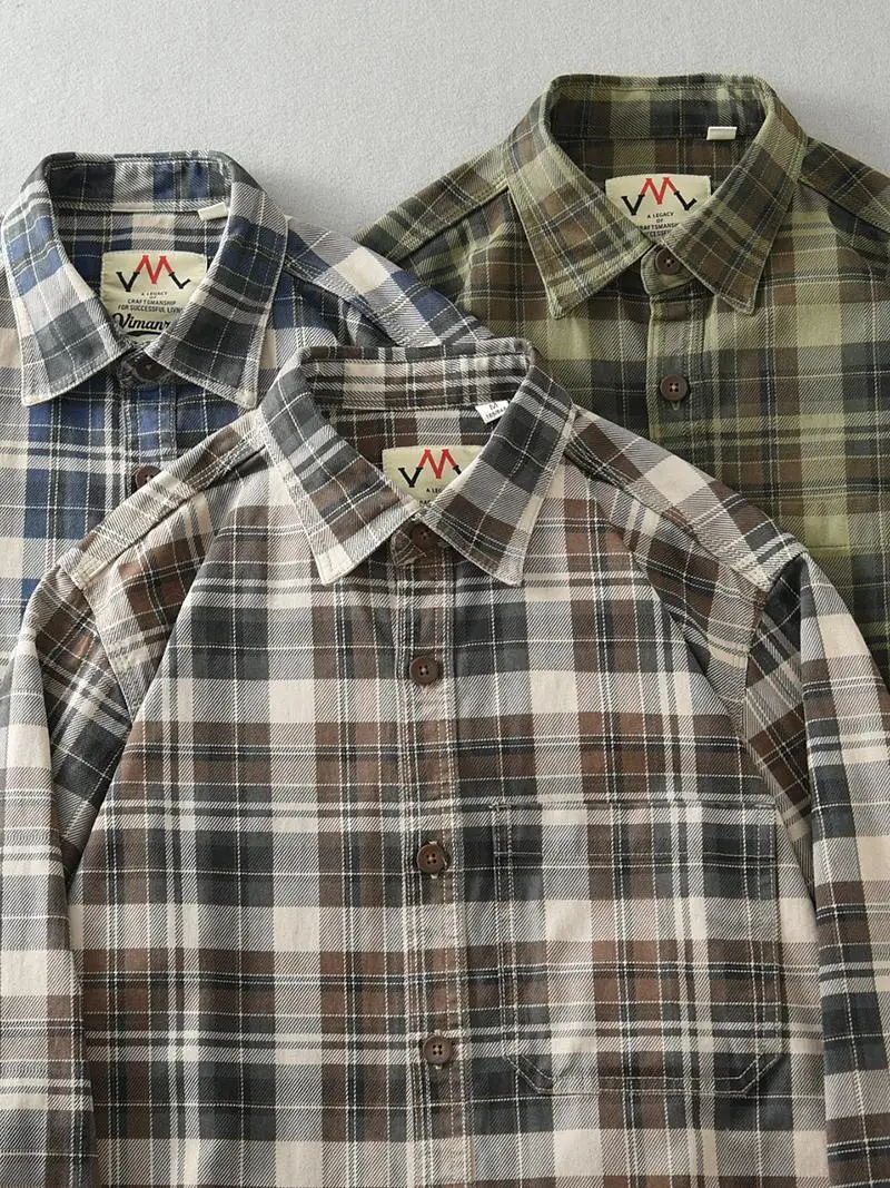 Spring And Autumn New American Retro Long-Sleeve Lapel  Cargo Plaid Shirt Men\'s Fashion Pure Cotton Washed Casual Blouses