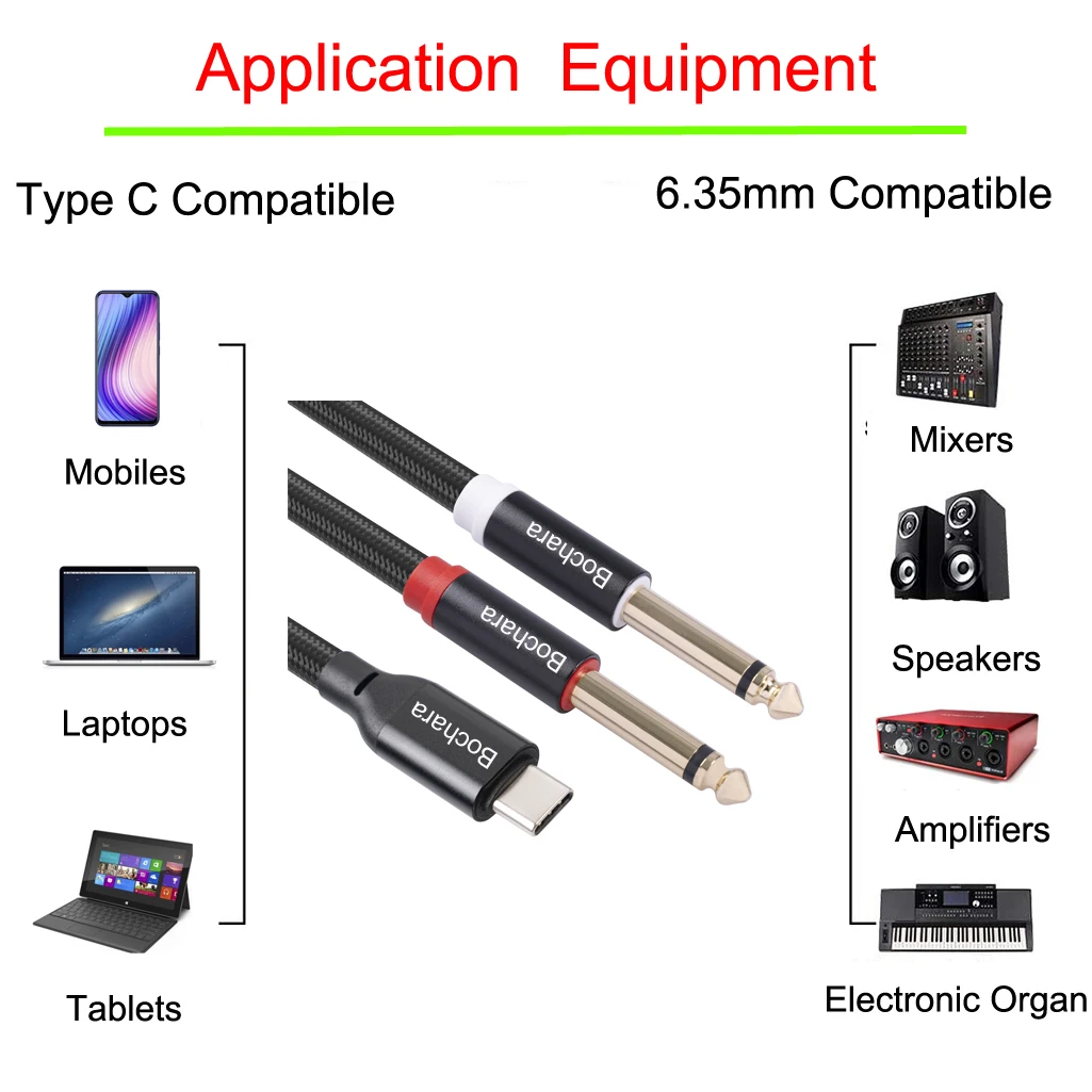 Bochara Braided Type C to Dual 6.35mm Jack OFC Audio Cable Built-in Digital IC Chipset Foil+Braided Shielded 1m 2m 3m