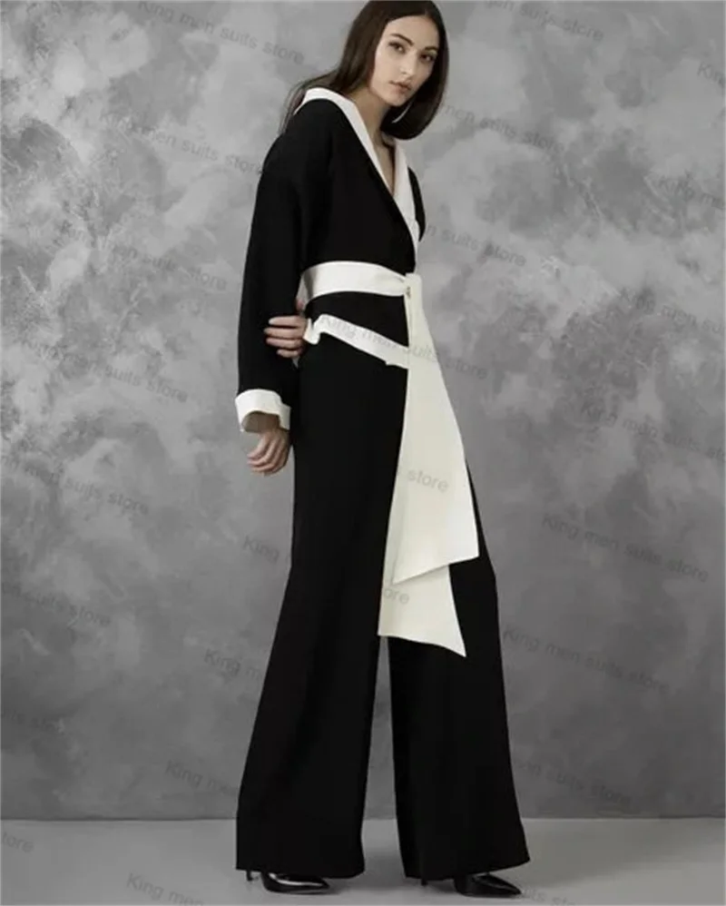 Black White Women Suits Pants Set 2 Pieces Blazer Jacket With Belt Prom Cotton Formal Office Lady Coat Outfit Tailored Trousers