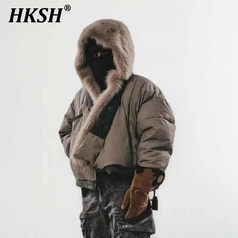 

HKSH Autumn Winter New Men's Tide Punk Techwear Asymmetrical Hem Splice Detachable Fur Collar Hat Tibetan Robe Down Coat HK3367