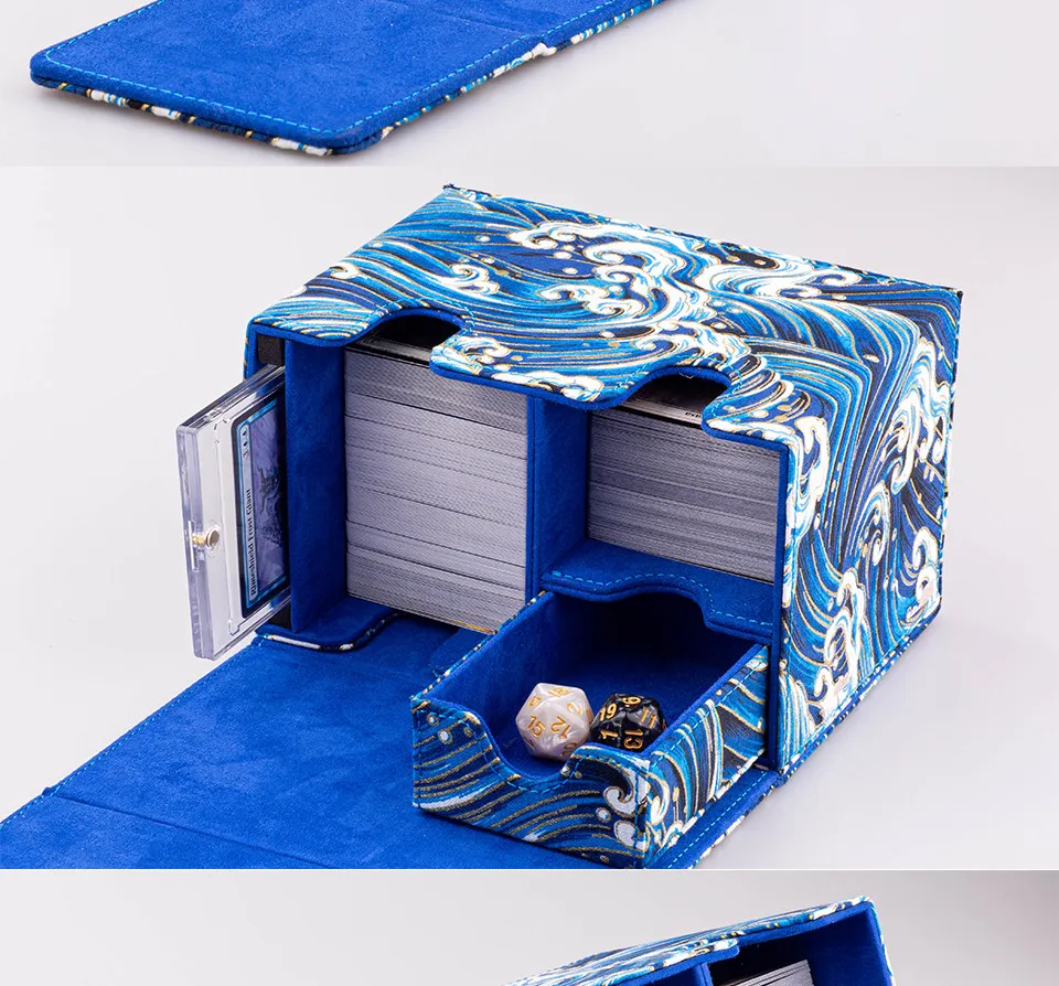 Premium Brocade Fabric Deck Holder, Hot Stamping Gold Pattern, Holds 100+ Sleeved Card for MTG Commander PTCG Yu-Gi-Oh! Storage