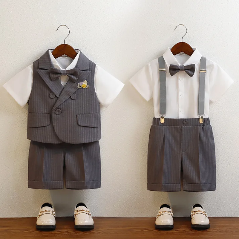 Summer Kids Boys Strap Shorts Suit Toddler Boys Formal Suspender Trousers Suit 2-12 Years Children School Uniform Birthday Suits