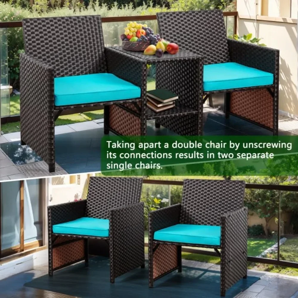 Wicker Patio Conversation Furniture Set with Detachable Chairs & Table and Two Removable Cushions,Rattan Wicker Lover