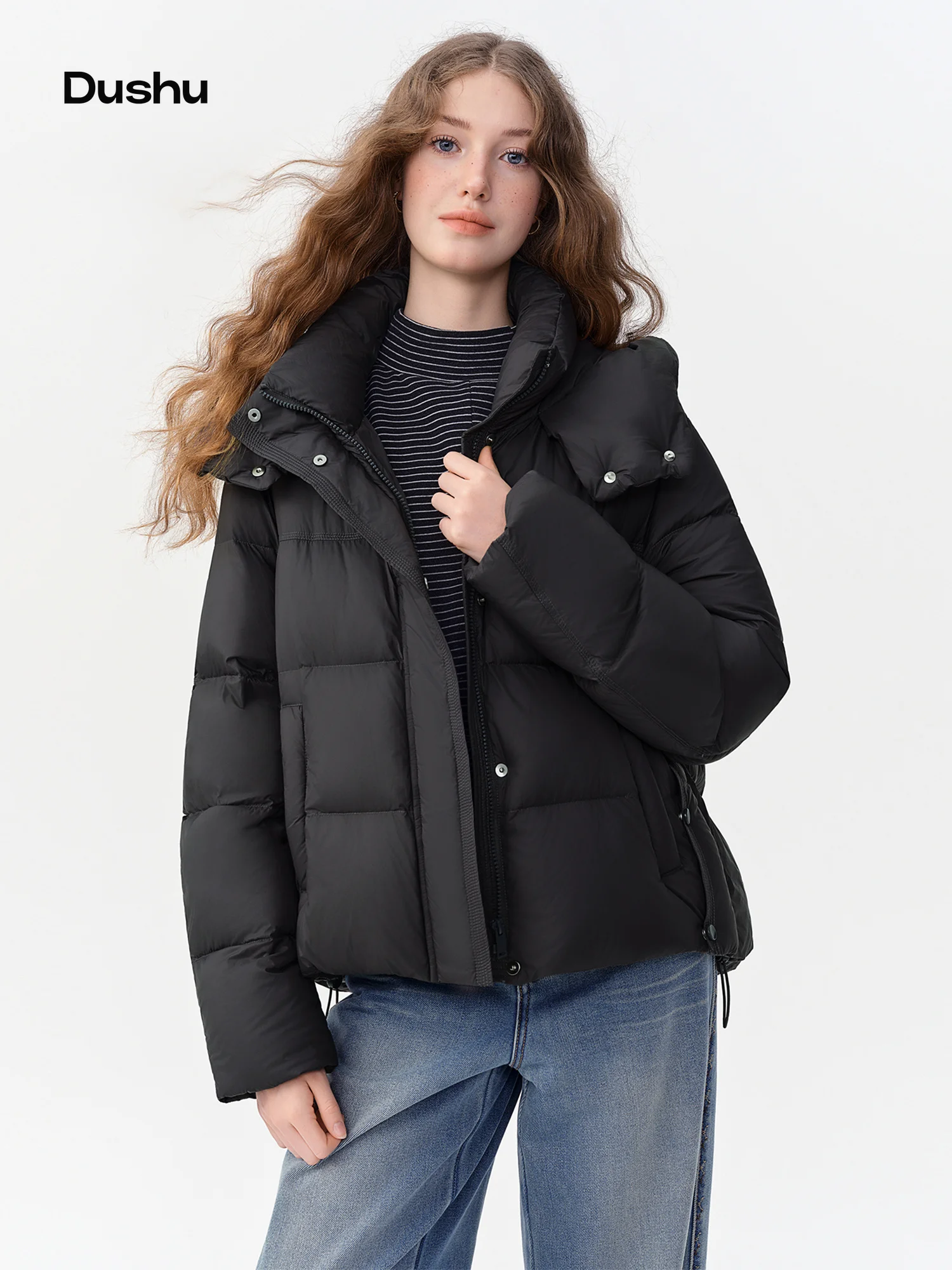 DUSHU 2026 Winter Women Korean Style Bread Puffer Jacket White Duck Down Long Short Warm Coat New Arrival Casual Outdoor Coat