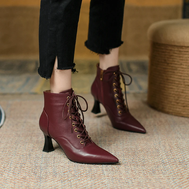 Vintage Mature Women Ankle Boots Pointed Toe High-heeled Lace-Up Genuine Leather Shoes Woman 2023 New Autumn Winter Office Dress