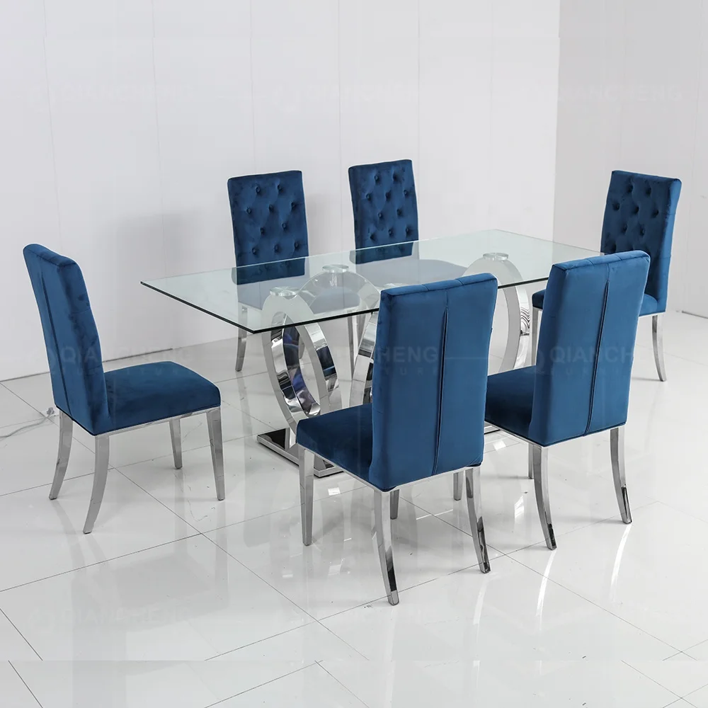 Modern dining room furniture dining table sets 6 chairs metal stainless steel glass dining tables