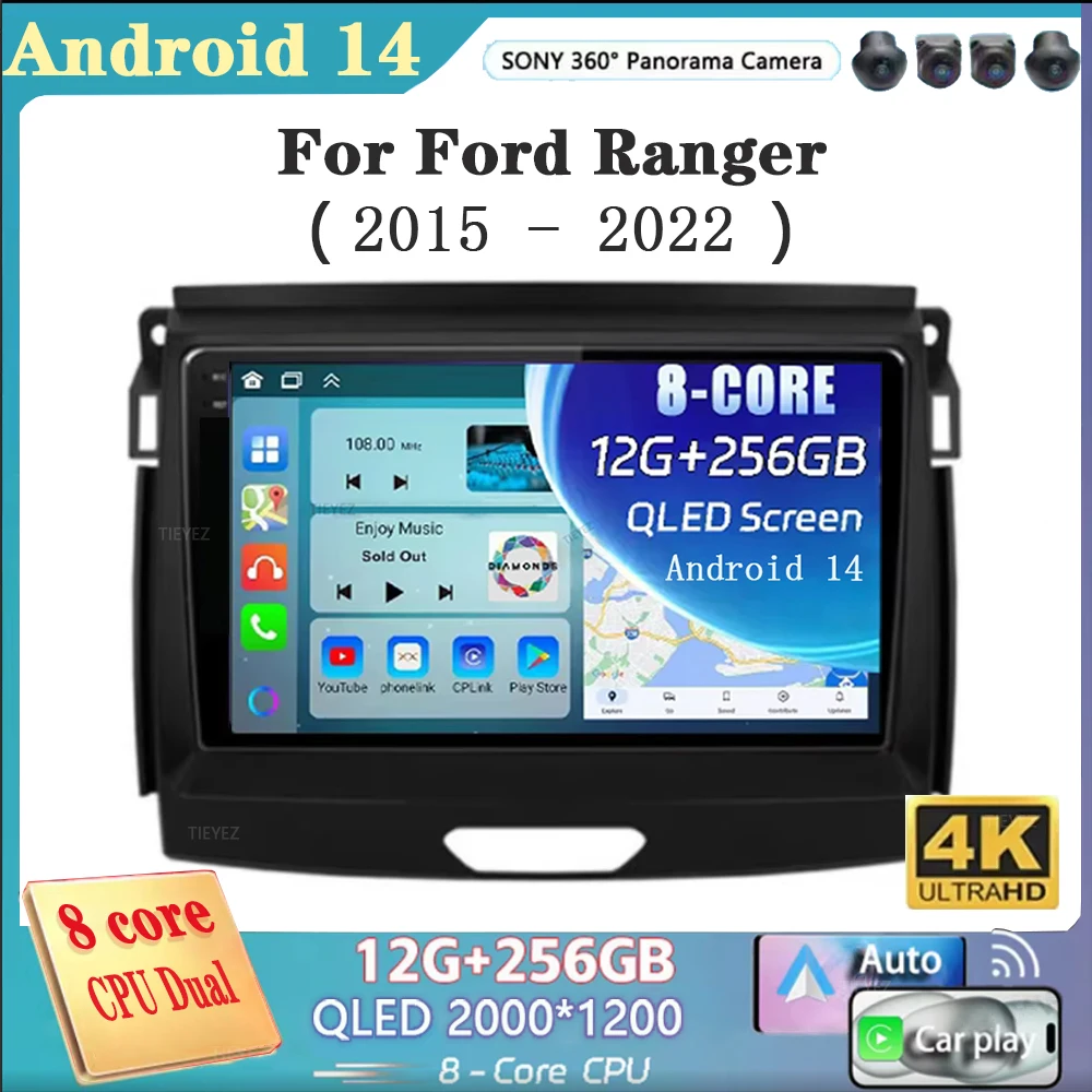 Android 14 Car Radio Stereo QLED Screen For Ford Ranger 2015 2016 2017 2018 2019-2022 GPS Multimedia Carplay Autoradio Head unit