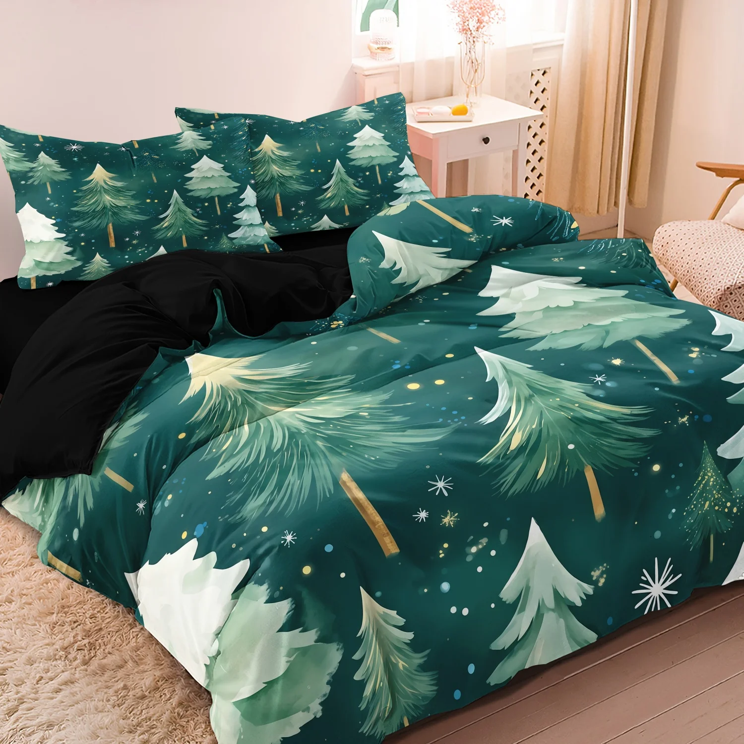 3Pcs Elegant Watercolor Snowy Christmas Tree Duvet Cover Set,Dark Green Winter Forest Pine Trees and Delicate Snowflakes Bedding