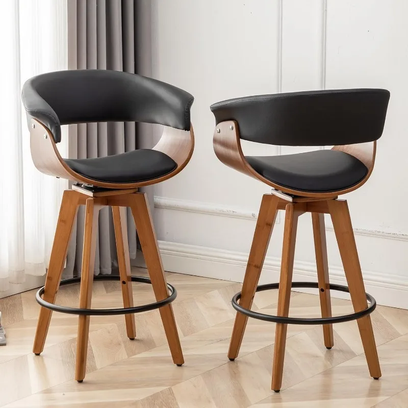 Leather Bar Stools Set of 2,Counter Height Bar Stools,26 Inch Swivel Bar Stools with Hollow Back and Wooden Legs,Modern