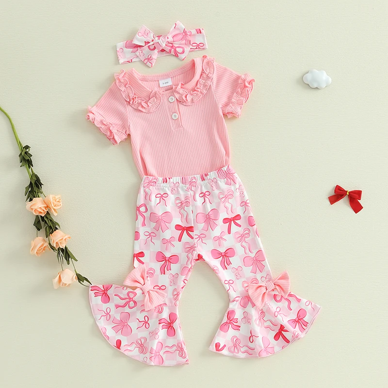 طقم ملابس للفتيات الصغيرات مكون من 3 قطع مع سروال سفلي بأكمام مكشكشة وطبعة زهور وعصابة رأس متطابقة