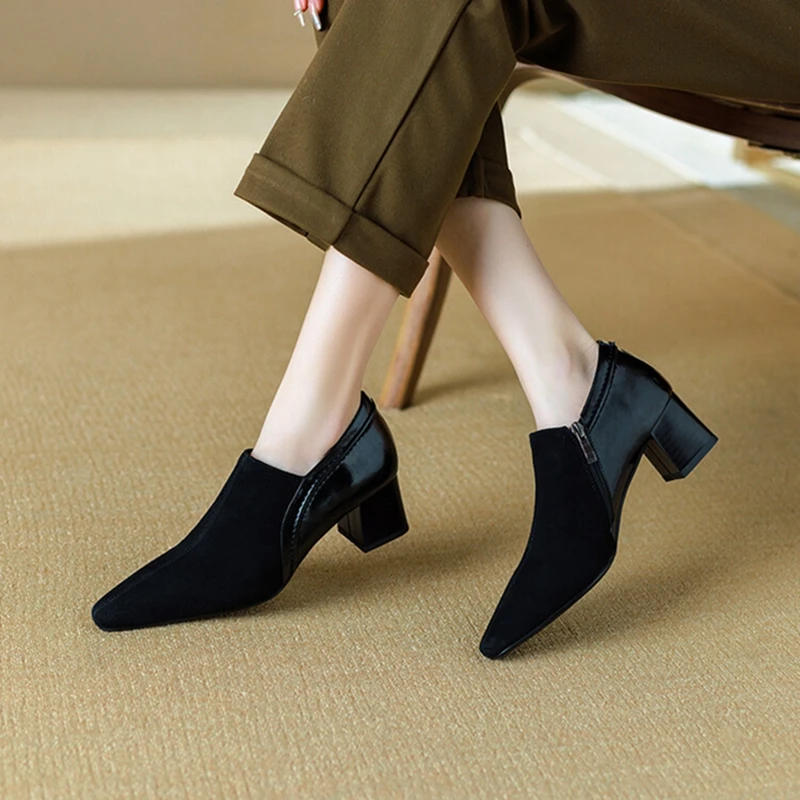 NEW Spring/Autumn Women Loafers Sheep Suede Leather Shoes for Women Pointed Toe Chunky Heel Soft Shoes Black Zipper Women Pumps