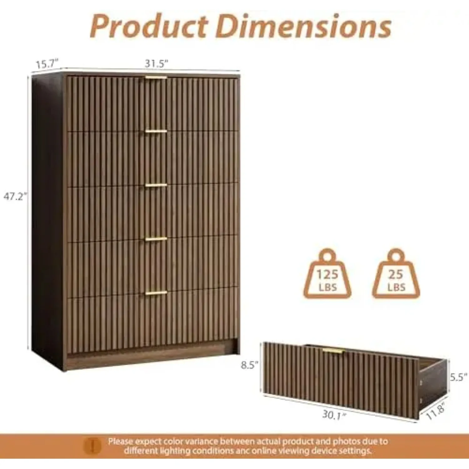 5 Drawer Dresser for Bedroom, Tall Dresser Chest of Drawers with Gold Handles, 32 Inch Wide Nightstand with for