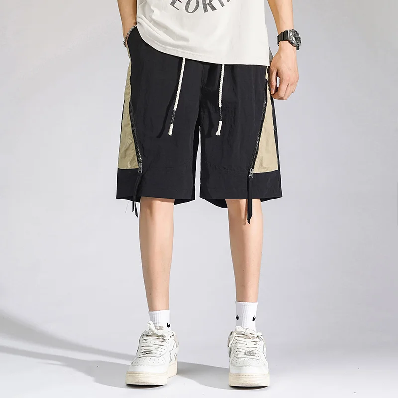 Fashion Spliced Knee Pants Summer New Korean Loose Straight Men\'s Clothing American Retro Elastic Drawstring Basic Casual Shorts