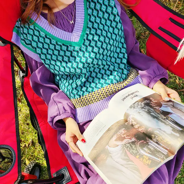 

Solowen V-Ne Knitted Vest Svel Turtlene Ethnic Pattern Retro Color Blo Sweater Women's Faion Autumn Wear