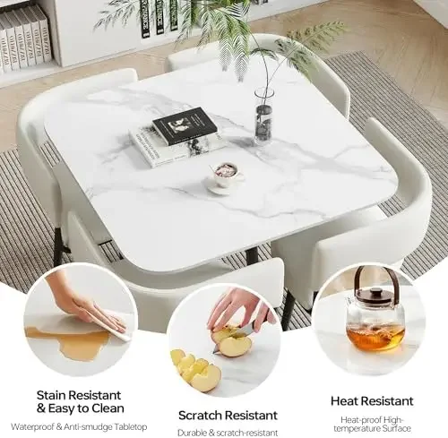 31.5 Inch 80CM White Square Marble 5-Piece Dining Set for 4, Dining Table & 4 White Faux Leather Chairs, Space Saving