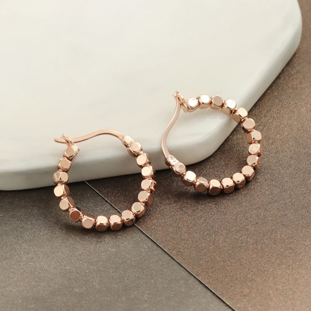 

Real Pure 18K Rose Gold Hoop Women Lucky Square Beads Circle Earrings 2.1g