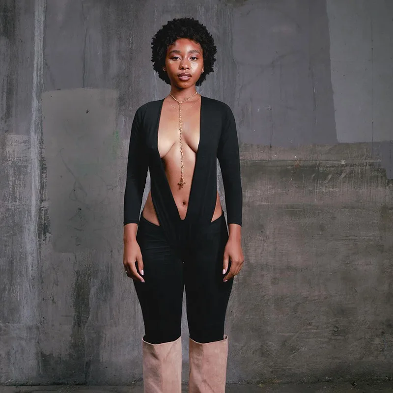 

STYLISH LADY Sexy Deep V Long Sleeve Hollow Out Jumpsuit Women 2026 Summer Bodycon Black One Piece Outfit for Night Club Party