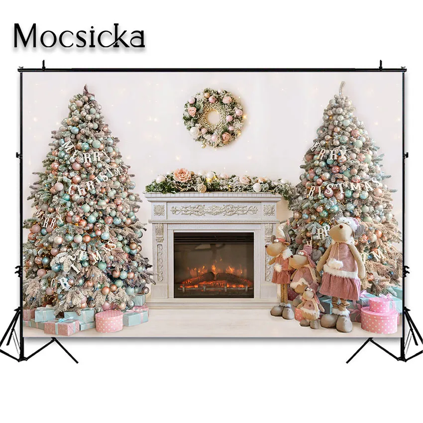 Mocsicka Christmas Photography Backdrops Pink Xmas Tree Fireplace Photo Background for Photoshoot Holiday Party Decoration Props