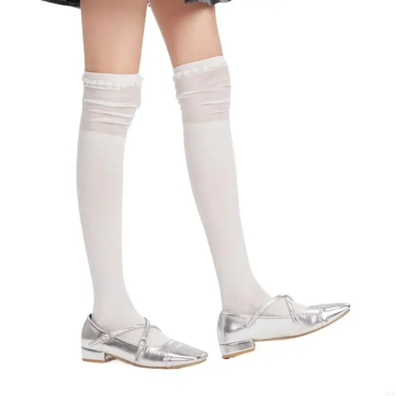 195E النساء اليابانية طالب بلون تمتد فوق الركبة جوارب طويلة أنيقة شبكة الربط كشكش مكشكش الفخذ العليا جوارب #2