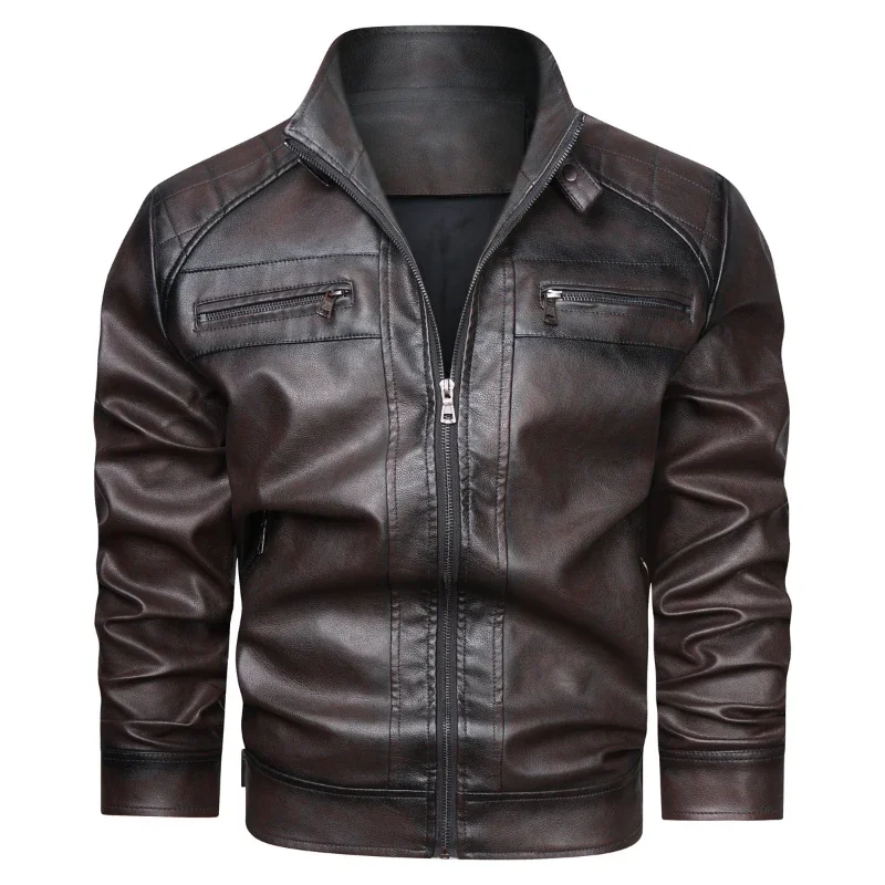 MaiDangDi 2025 Street Motorcycle Punk Style Men's Leather Jacket Multi Pocket Tough Guy Men Jacket Standing Collar Male Clothing