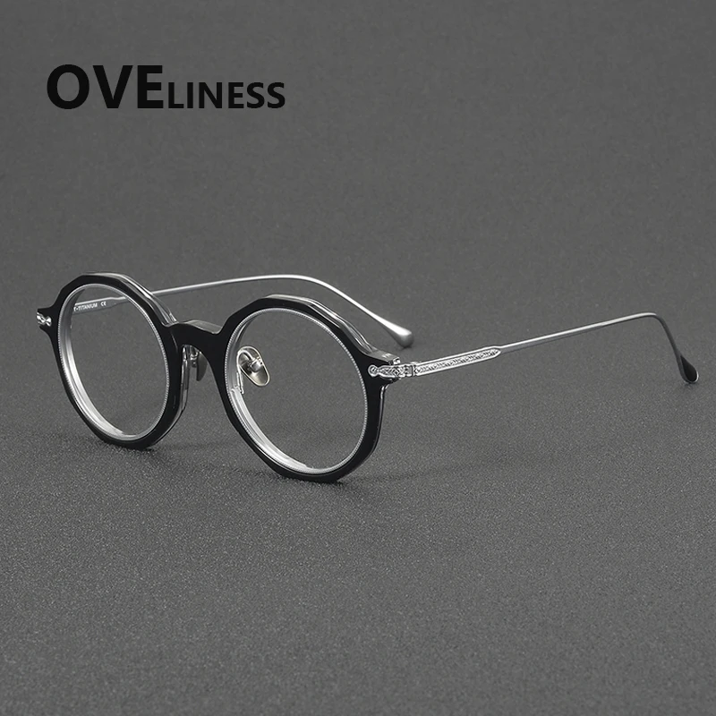 

2027 Acetate Titanium Glasses Frame Women New Brand Design Vintage Retro Round Eyeglasses Men Spectacles Japanese Eyewear