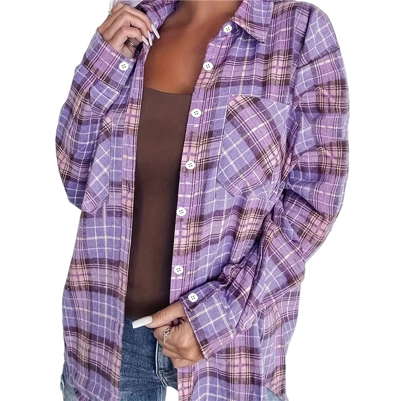 

CYL-Womens Button Down Flannel Shirts Long Sleeve Plaid Shackets Business Casual Blouse Top