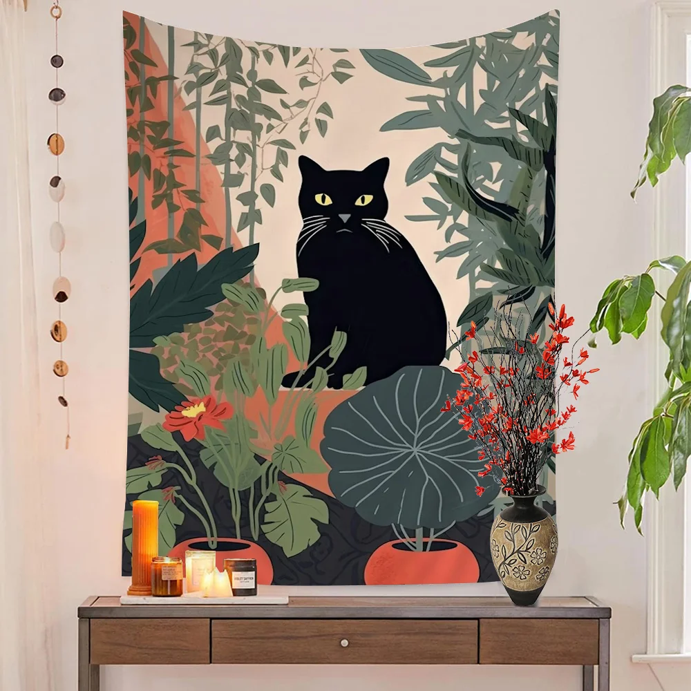 Abstrato plantas verdes gato preto diy tapeçaria de parede pendurado tarô hippie tapetes de parede dormitório ins decoração de casa