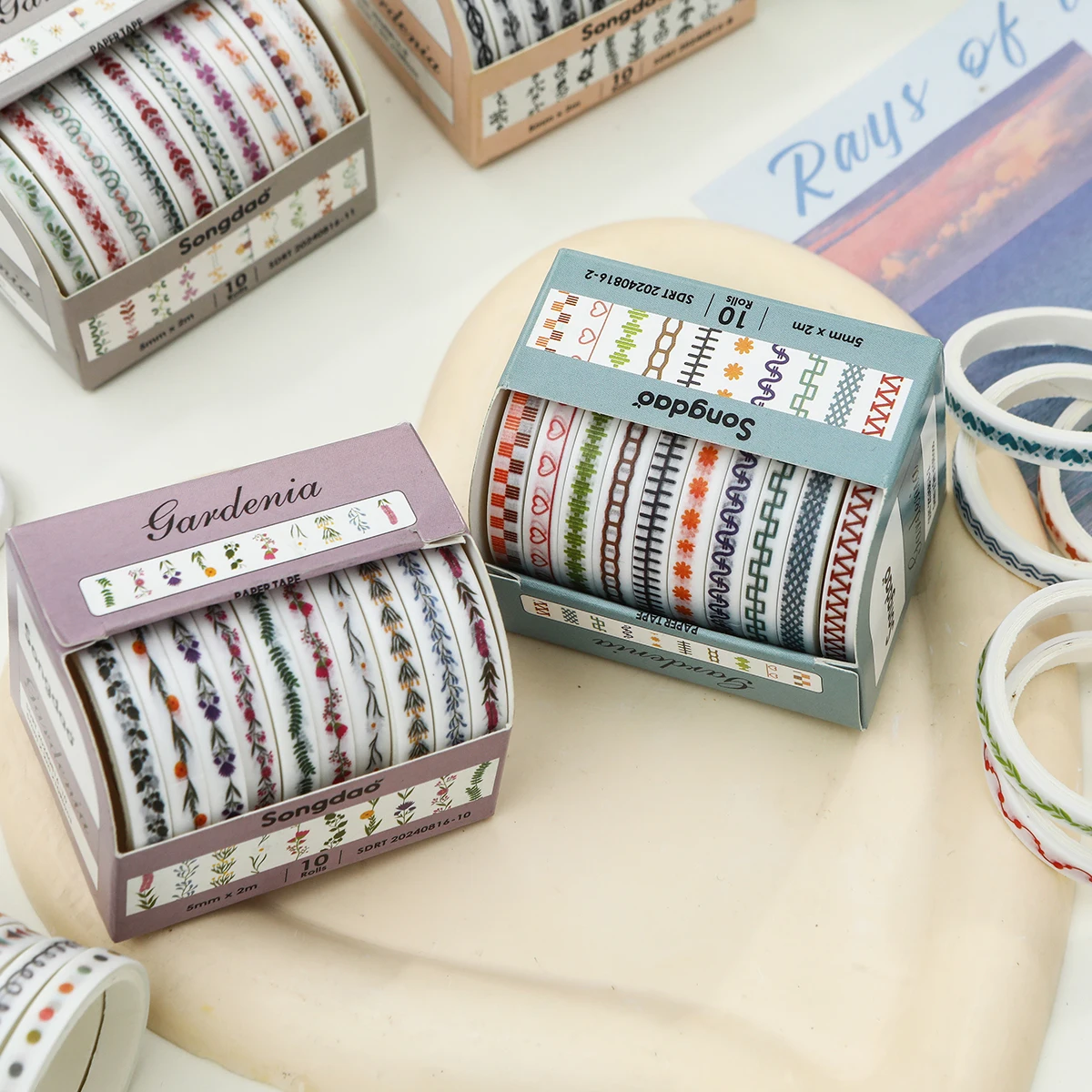 10 Rolls Skinny Washi Tape Set Masking Thin Basic Patterns Decorative Tapes for Arts, DIY Crafts, Journals, Planners, Scrapbook