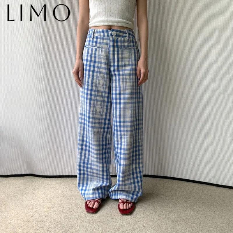 

LIMO Trendy 2025 Blue White Gingham Palazzo Pants Floor-Length with Designer Casual Wide Leg Trousers for Women Spring Summer