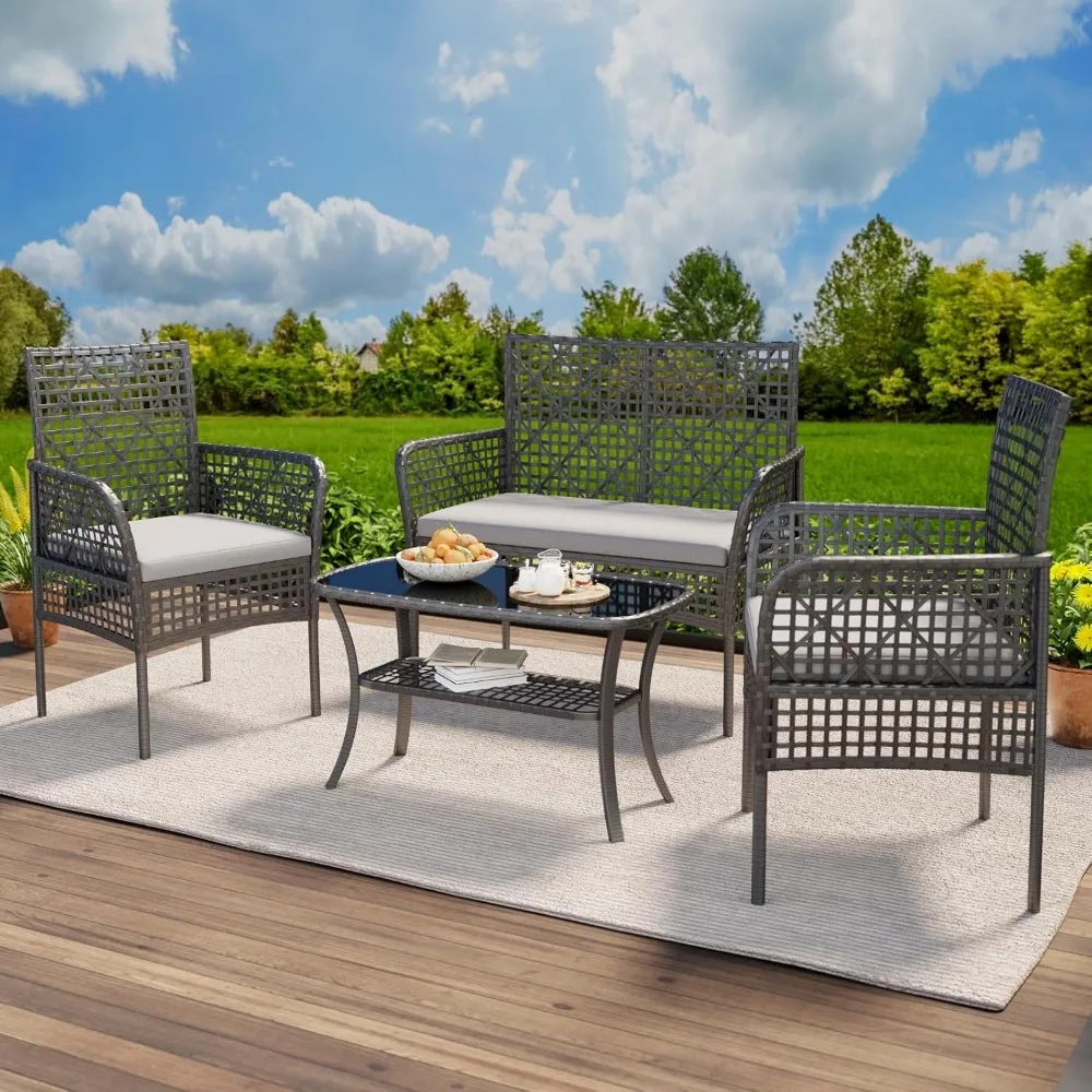 

4-piece set of rattan terrace sofa furniture, weather resistant soft cushion sofa, open willow Converse
