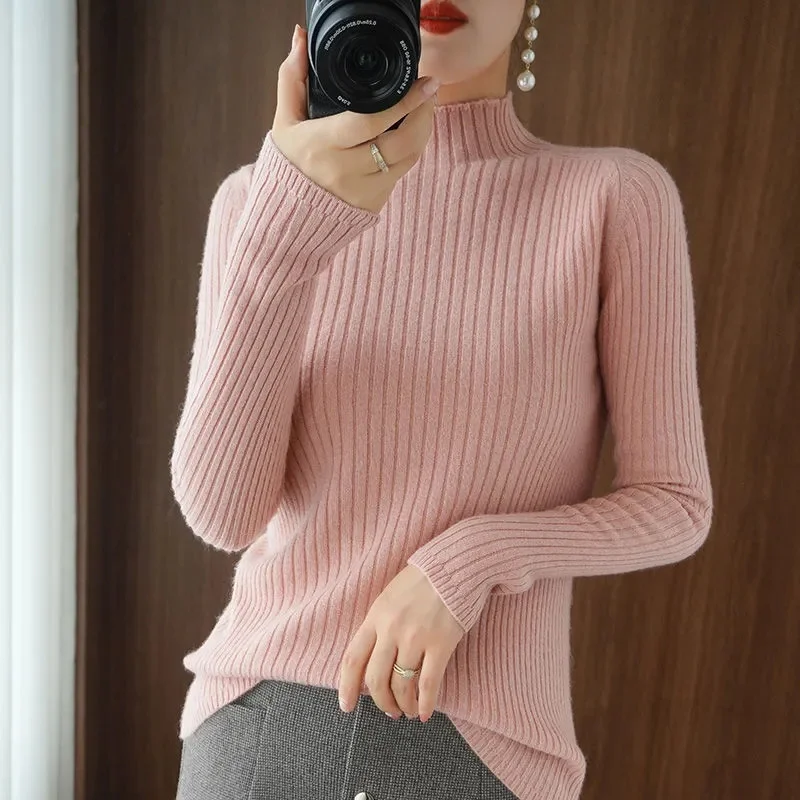 

2023 Autumn Winter Women Sweater Mockneck Jumpers Knitted Solid Cashmere Pullover Elegant Knitwear Sweater Bottoming Shirt