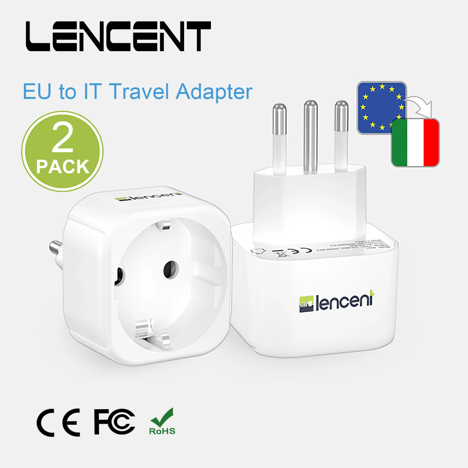 LENCENT 2 PCS EU to IT Travel Adapter  Overload Protection Wall Charger European Euro Plug To Italy  Adapter for Travel /Home