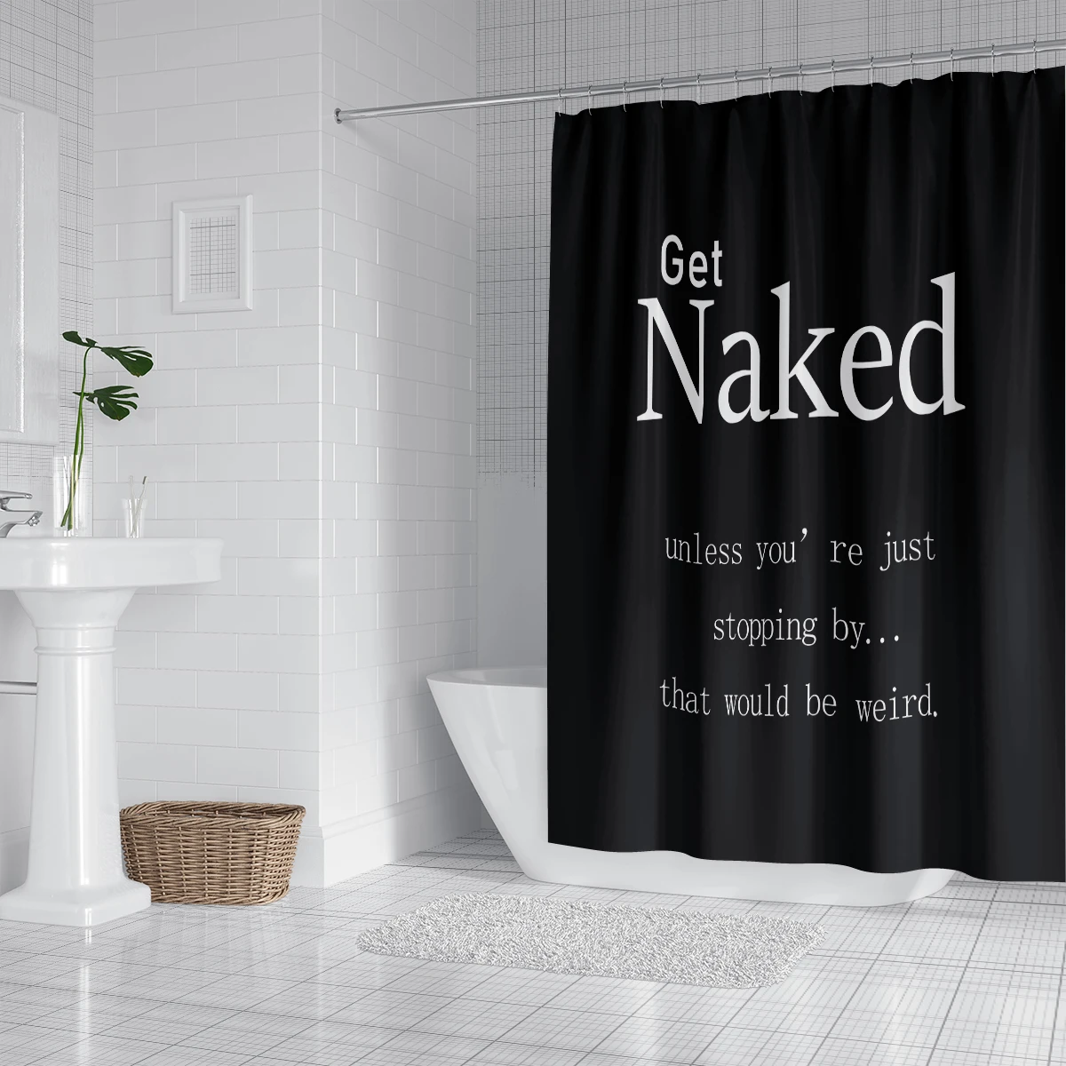 1PC180x180cm black fun statement shower curtain with hooks, partition waterproof and mold resistant decorative bathroom