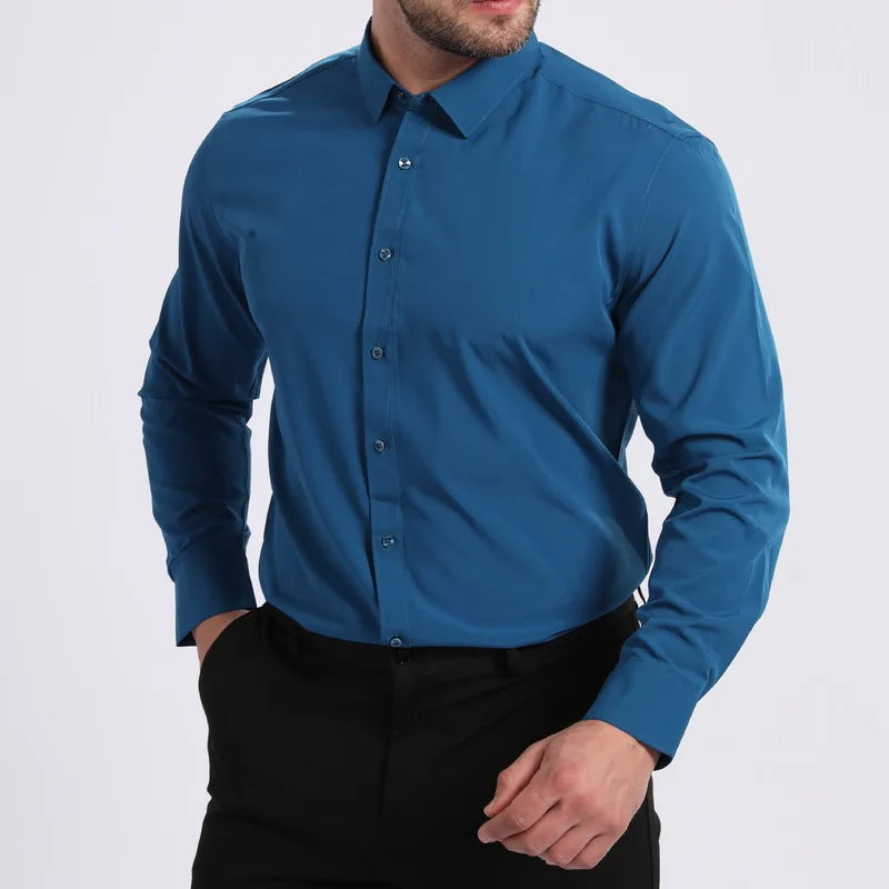 European Style Stretch Fabric White Mens Long Sleeve Dress Shirt Non Iron Wrinkle Resistant Lightweight Business Formal Slim Fit